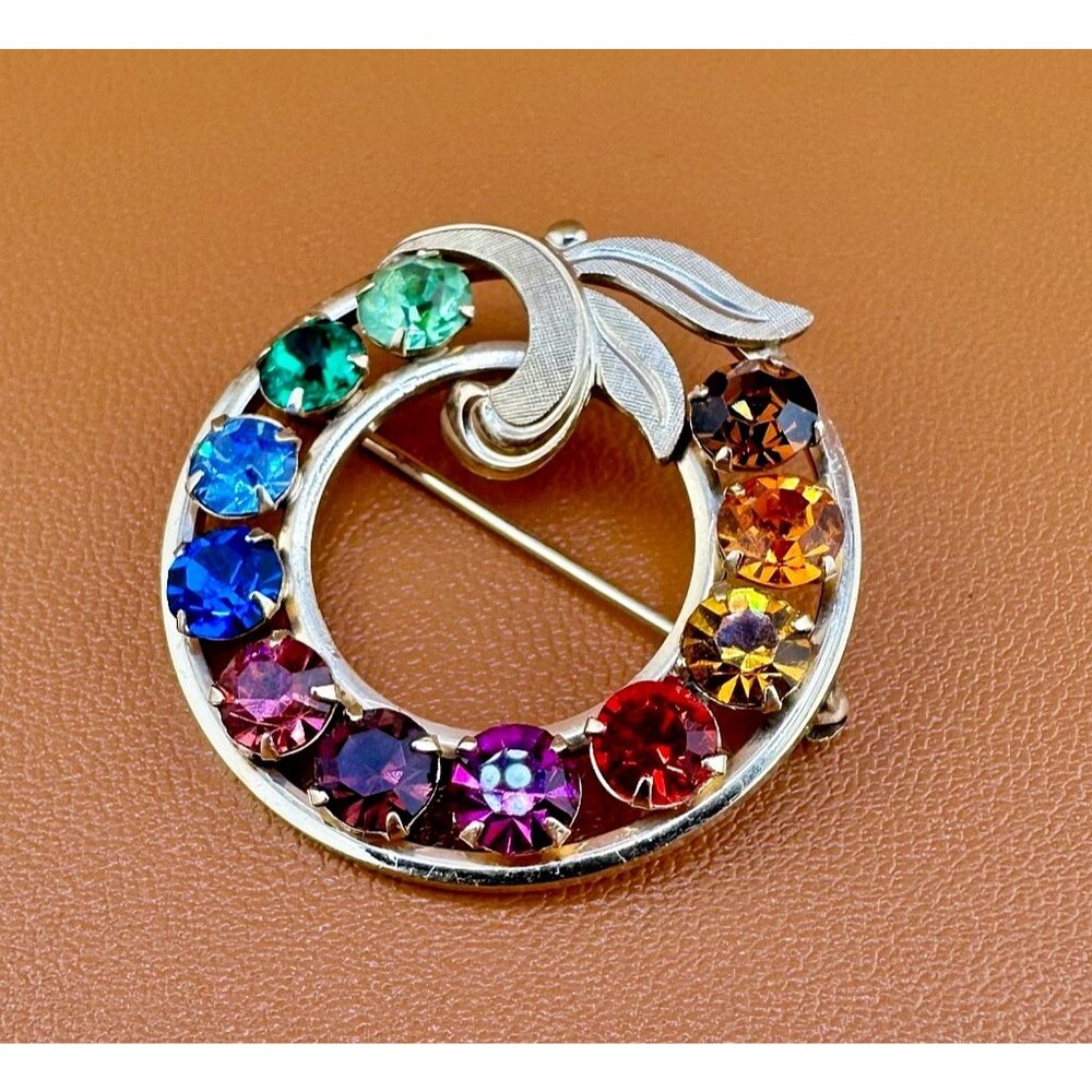 Vintage Van Dell GF Brooch Multicolor Rhinestone Rainbow Circle Wreath Signed - Picture 4 of 10